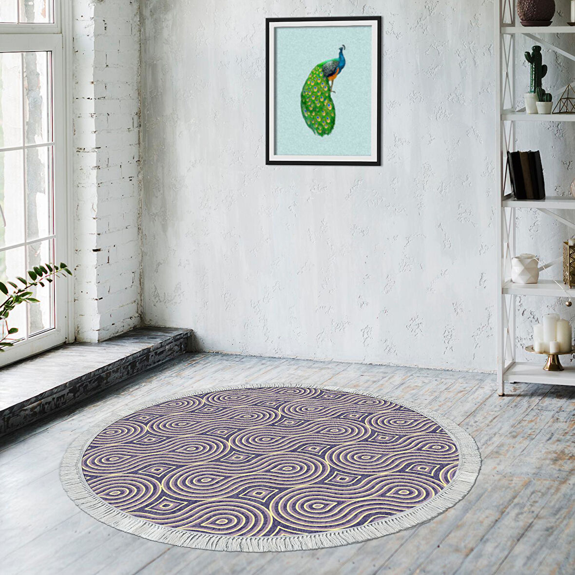 Alanur Yıldız Kaymaz Deri Tabanlı Saçaklı Dijital Halı Yuvarlak