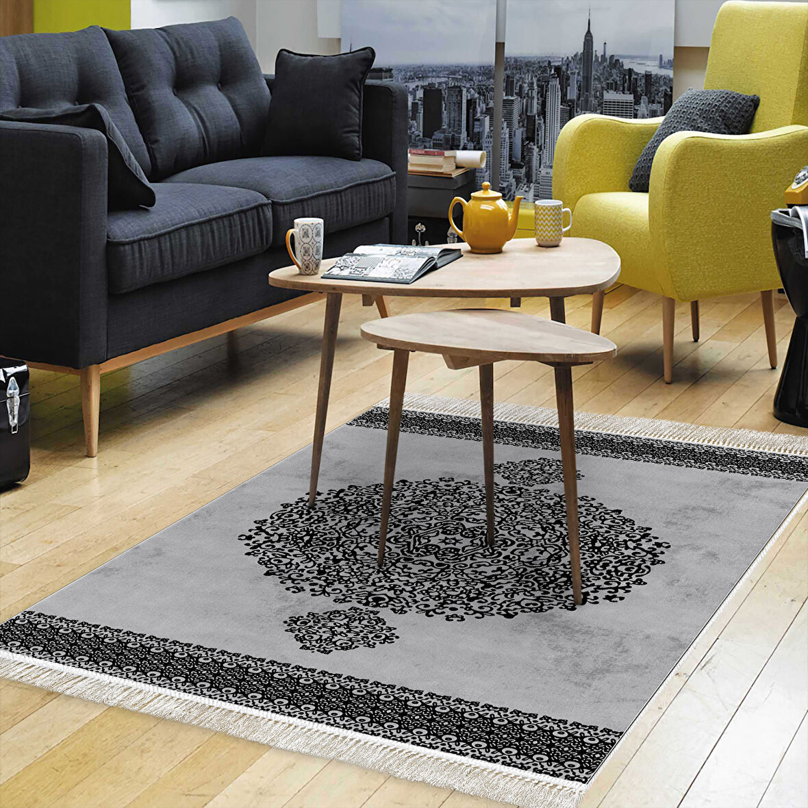 Alanur Star Kaymaz Pamuk Tabanlı Saçaklı Dijital Halı