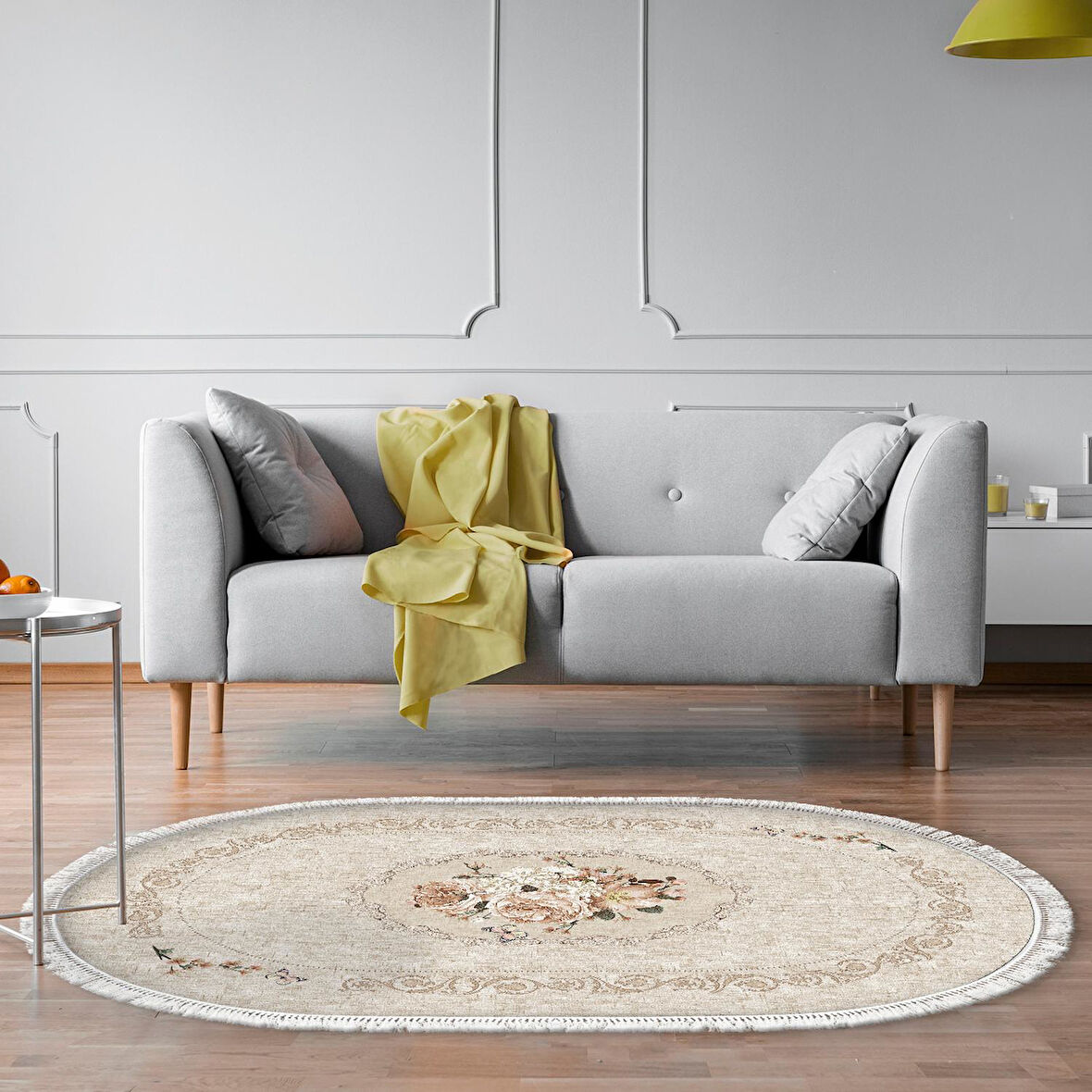 Alanur Trend Keçe Tabanlı Saçaklı Dijital Halı Oval
