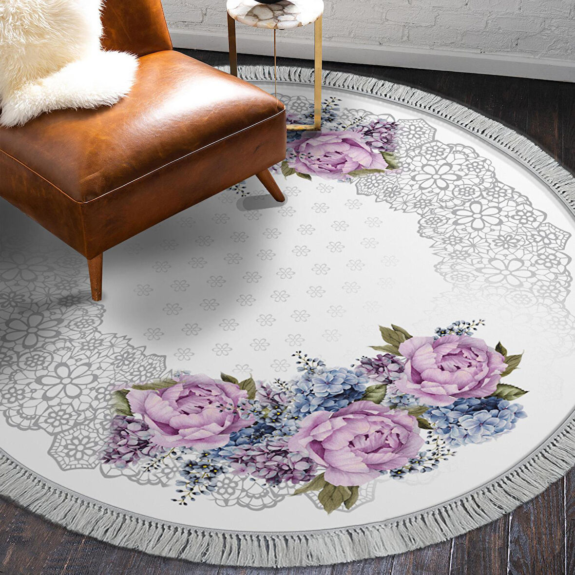 Alanur Star Pamuk Tabanlı Saçaklı Dijital Halı Yuvarlak