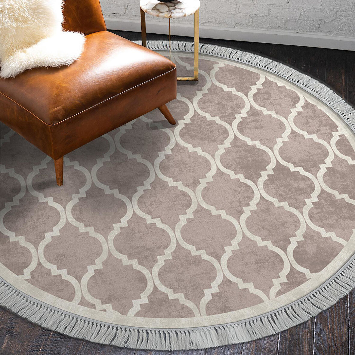 Alanur Trend Kaymaz Dod Tabanlı Saçaklı Dijital Halı Yuvarlak