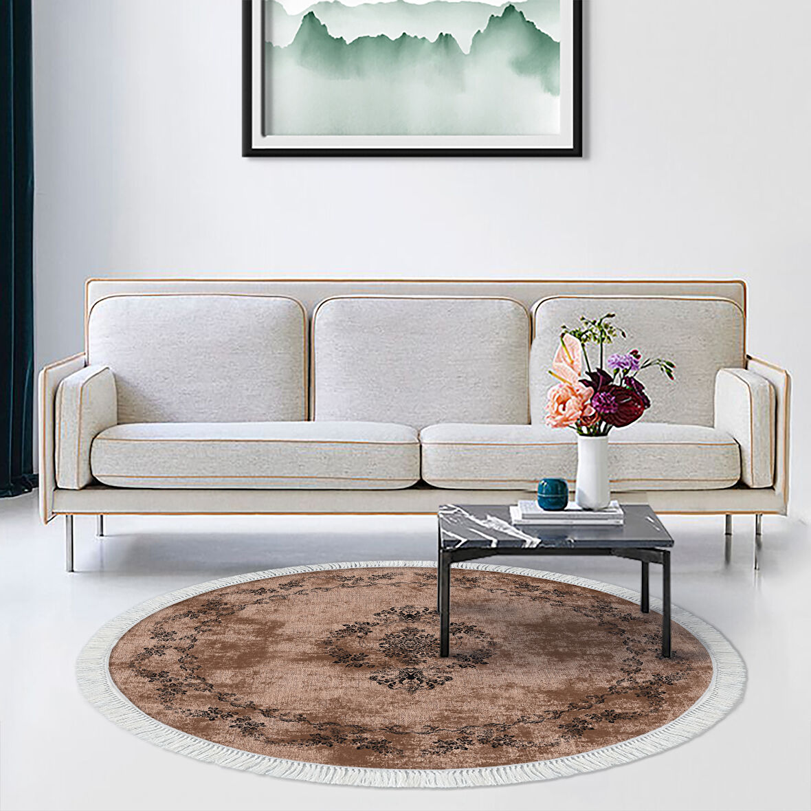 Alanur Star Kaymaz Pamuk Tabanlı Saçaklı Dijital Halı Yuvarlak