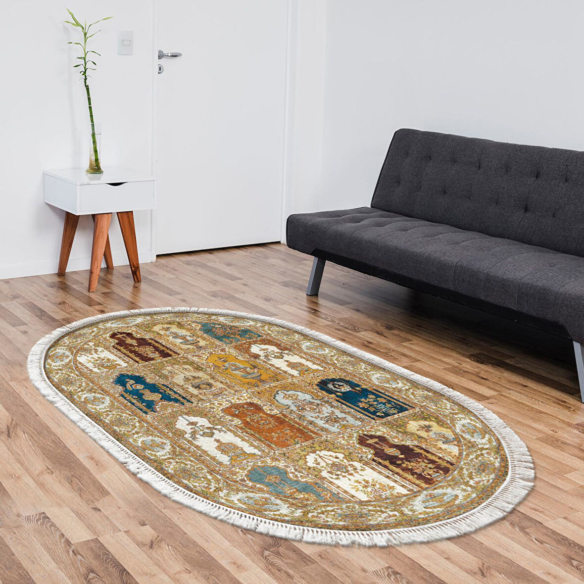 Alanur Yıldız Kaymaz Deri Tabanlı Saçaklı Dijital Halı Oval Multi