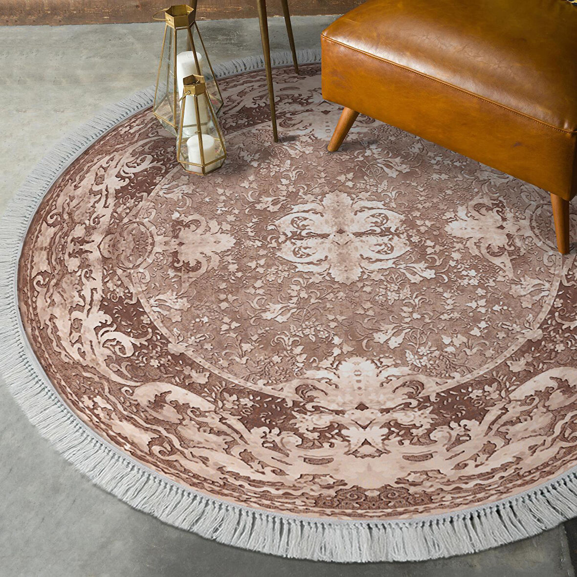 Alanur Yıldız Kaymaz Deri Tabanlı Saçaklı Dijital Halı Yuvarlak