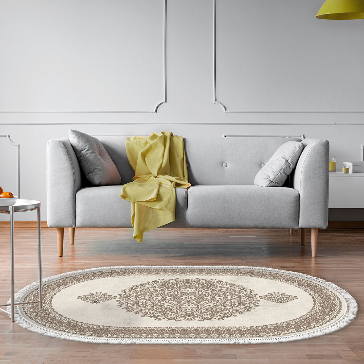 Alanur Star Kaymaz Pamuk Tabanlı Saçaklı Dijital Halı Oval