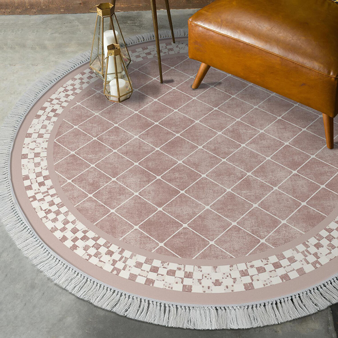 Alanur Yıldız Kaymaz Deri Tabanlı Saçaklı Dijital Halı Yuvarlak