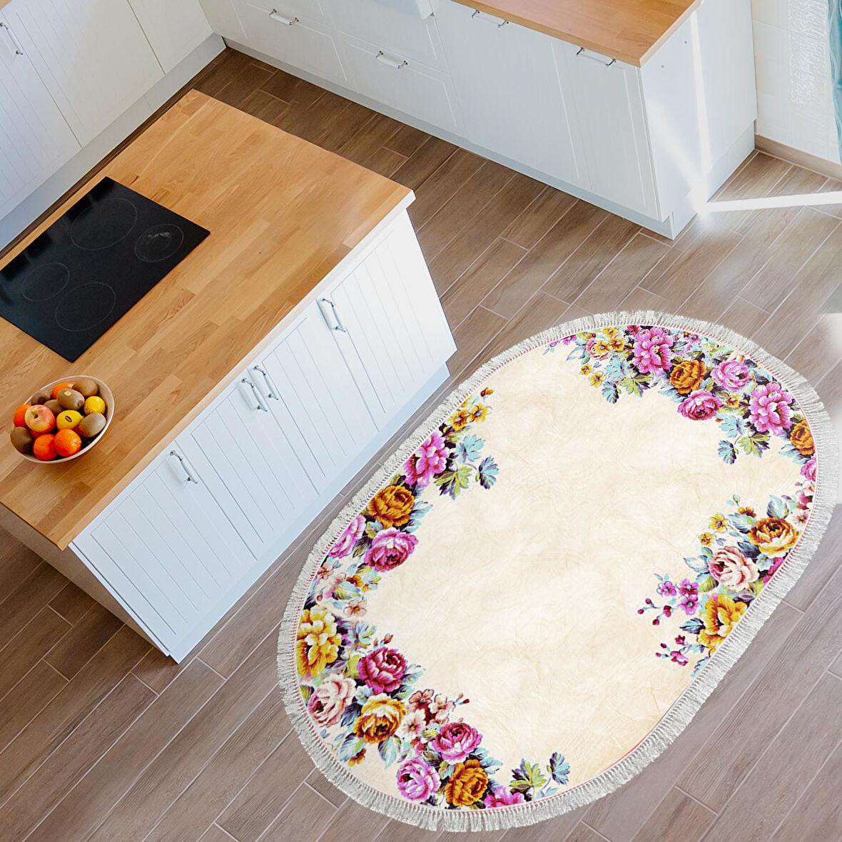 Alanur Trend Keçe Tabanlı Saçaklı Oval Mutfak Halı Mu172