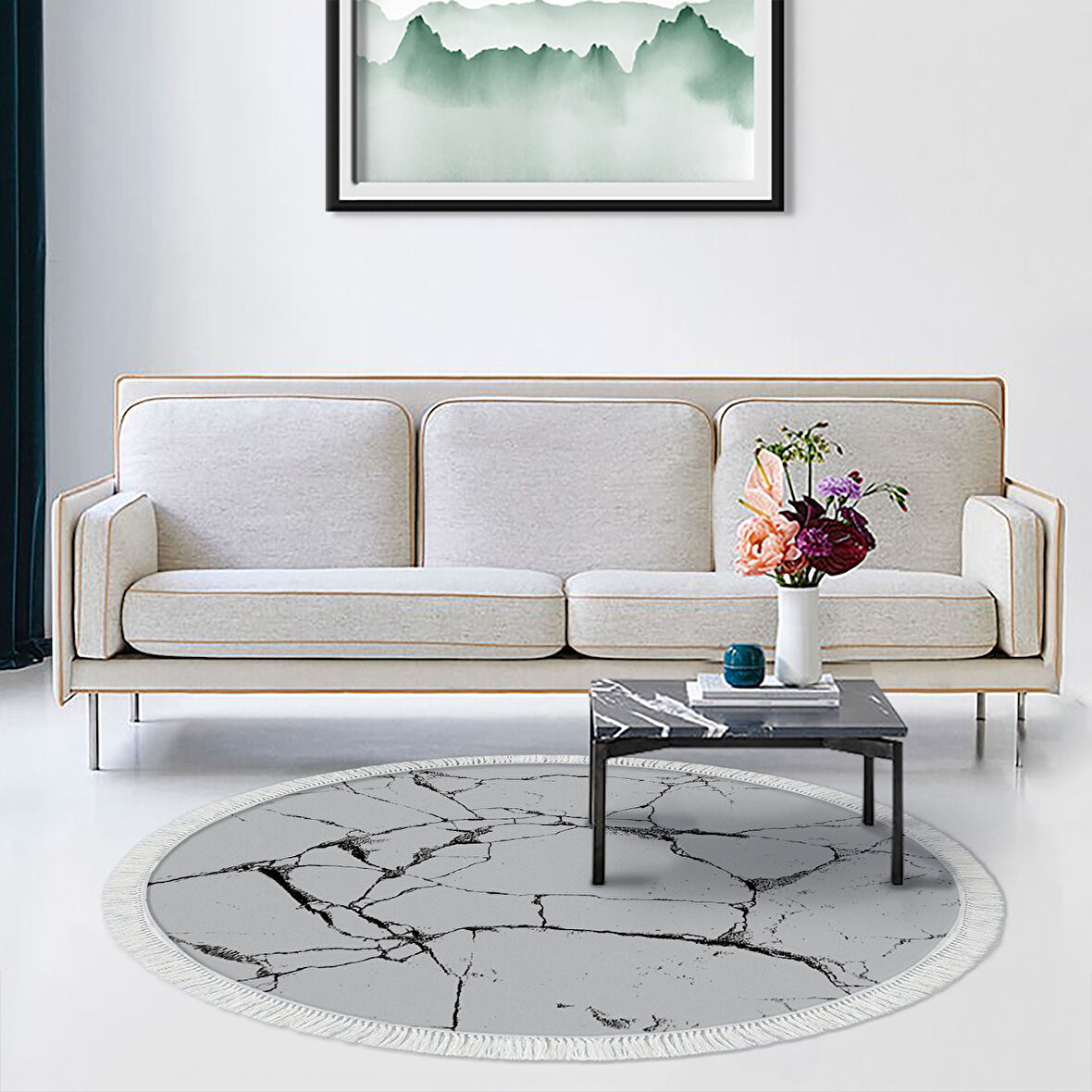 Alanur Star Pamuk Tabanlı Saçaklı Dijital Halı Yuvarlak