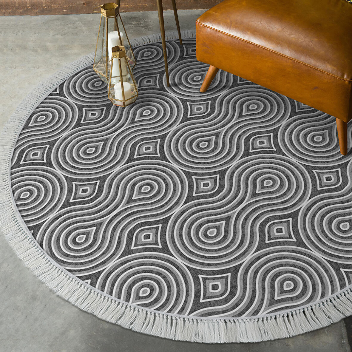 Alanur Star Kaymaz Pamuk Tabanlı Saçaklı Dijital Halı Yuvarlak