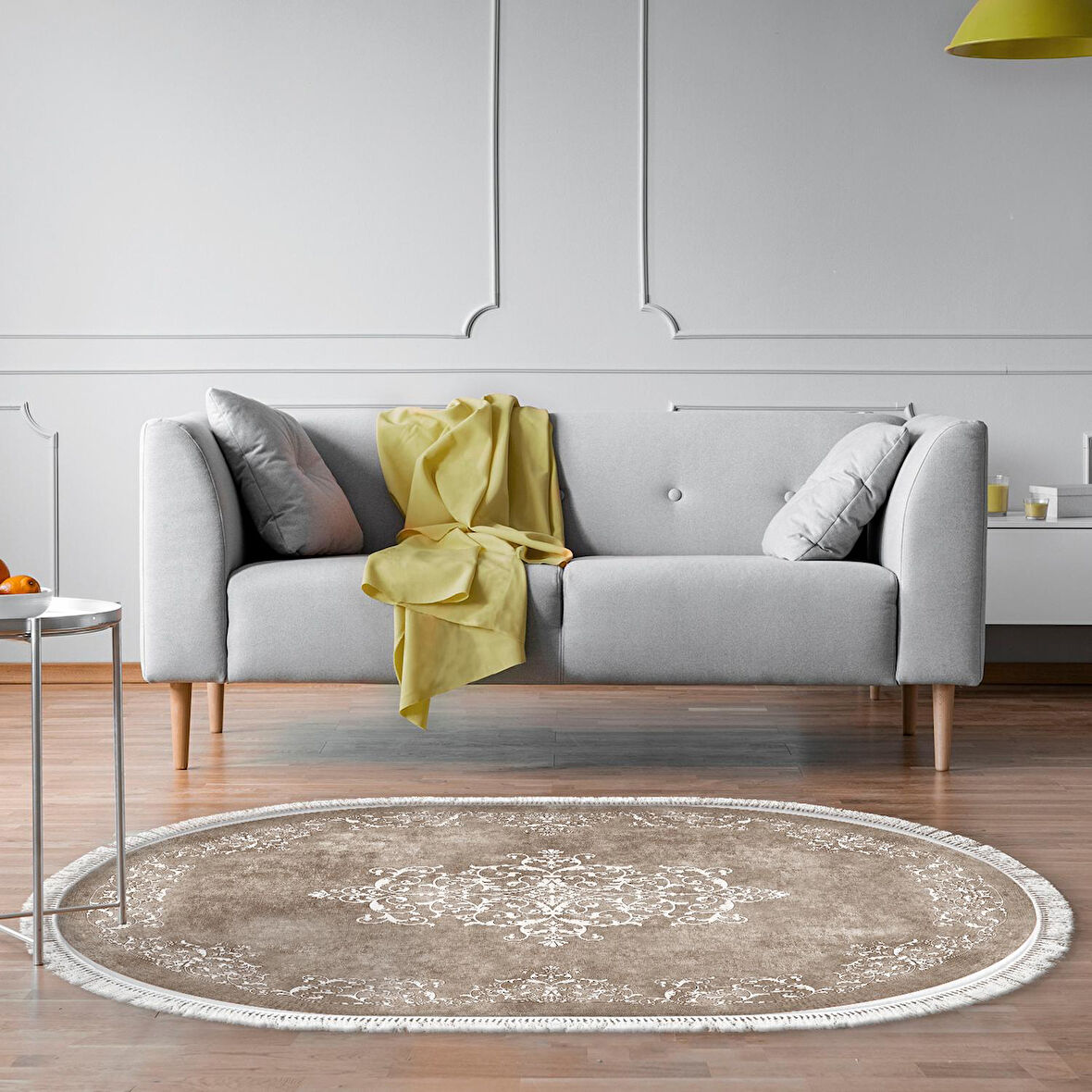Alanur Trend Kaymaz Dod Tabanlı Saçaklı Dijital Halı Oval