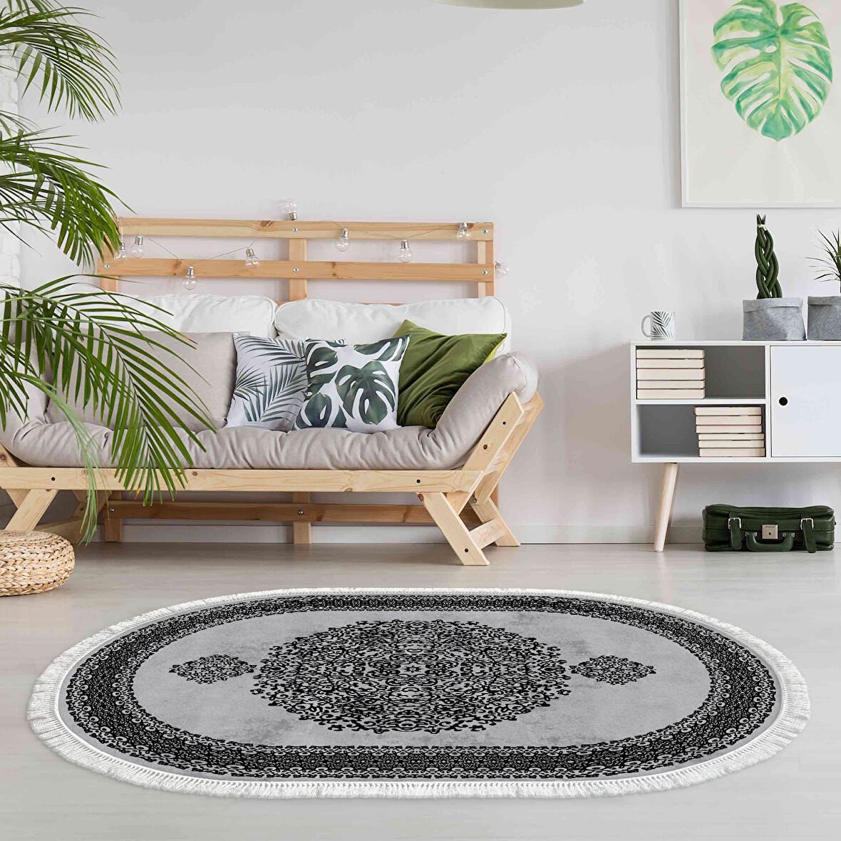 Alanur Star Kaymaz Pamuk Tabanlı Saçaklı Dijital Halı Oval