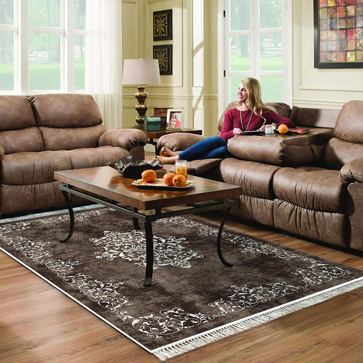 Alanur Star Kaymaz Pamuk Tabanlı Saçaklı Dijital Halı