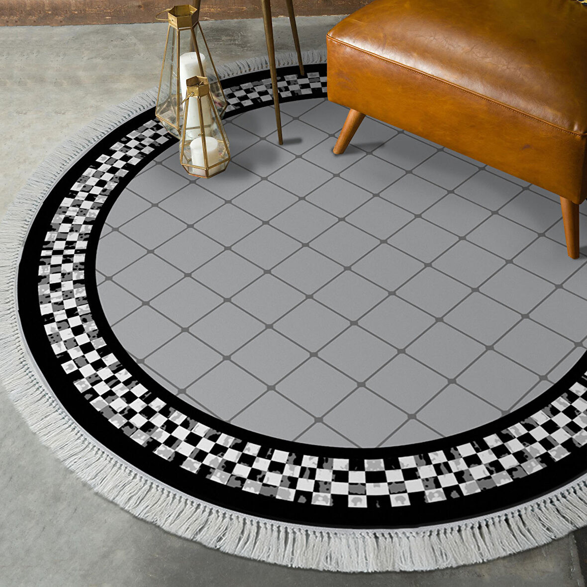 Alanur Star Kaymaz Pamuk Tabanlı Saçaklı Dijital Halı Yuvarlak