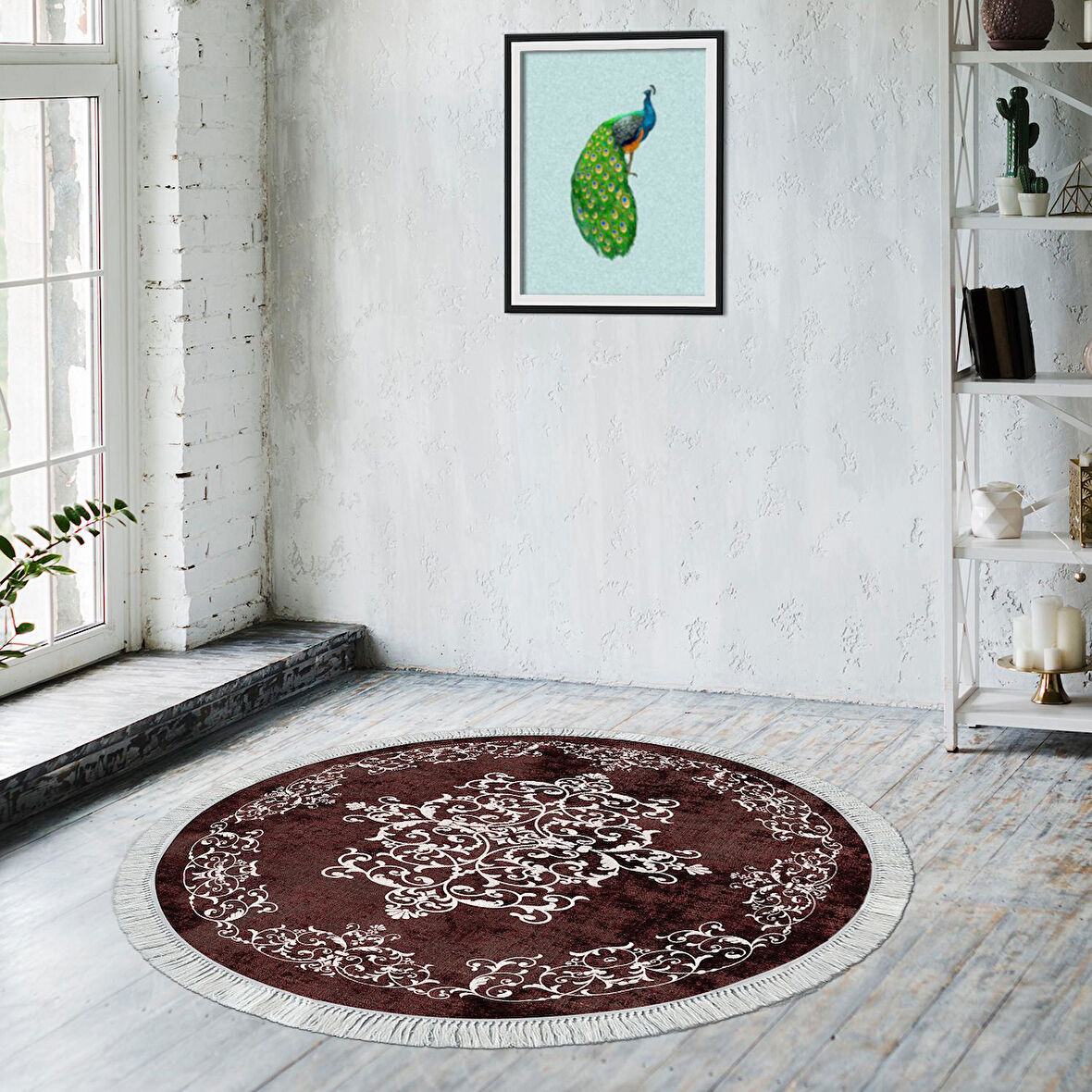 Alanur Yıldız Kaymaz Deri Tabanlı Saçaklı Dijital Halı Yuvarlak