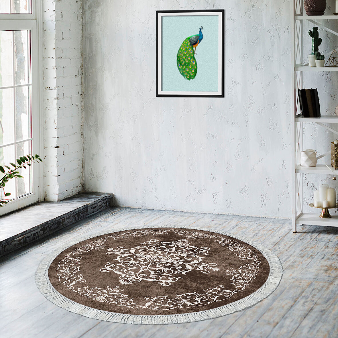 Alanur Star Kaymaz Pamuk Tabanlı Saçaklı Dijital Halı Yuvarlak