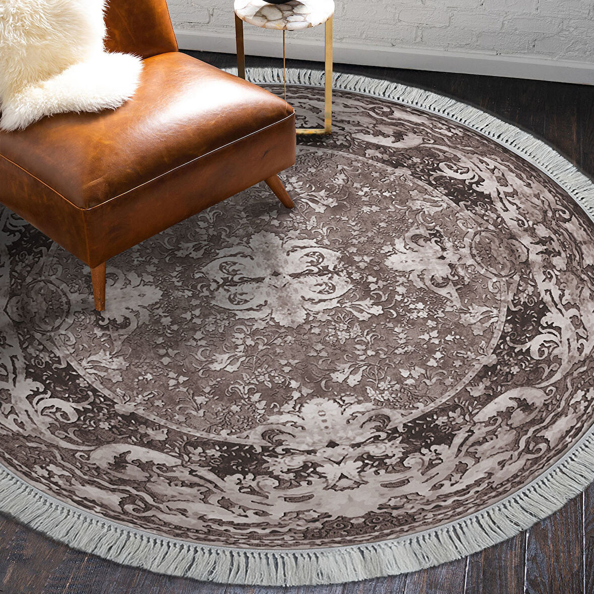 Alanur Star Kaymaz Pamuk Tabanlı Saçaklı Dijital Halı Yuvarlak