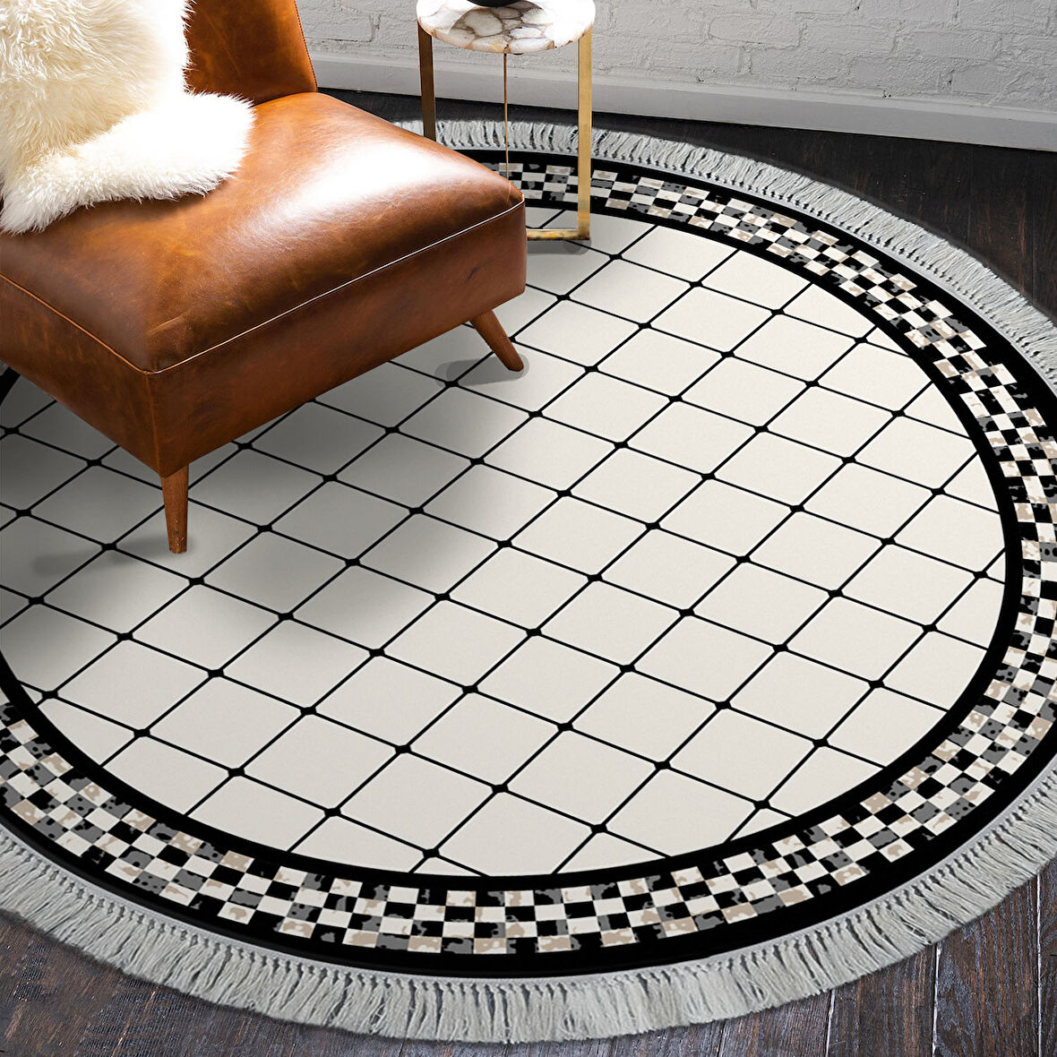 Alanur Star Kaymaz Pamuk Tabanlı Saçaklı Dijital Halı Yuvarlak