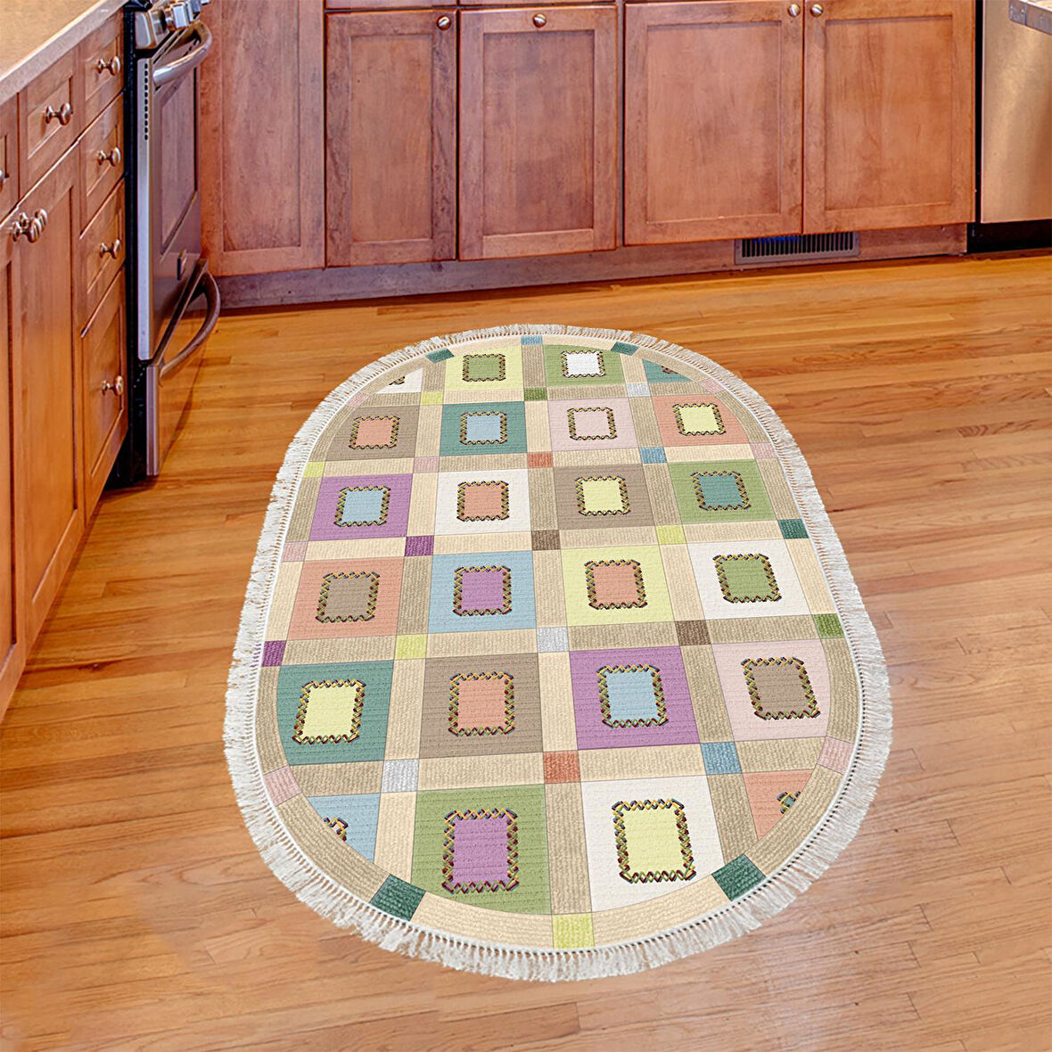 Alanur Trend Keçe Tabanlı Saçaklı Oval Mutfak Halı Mu101