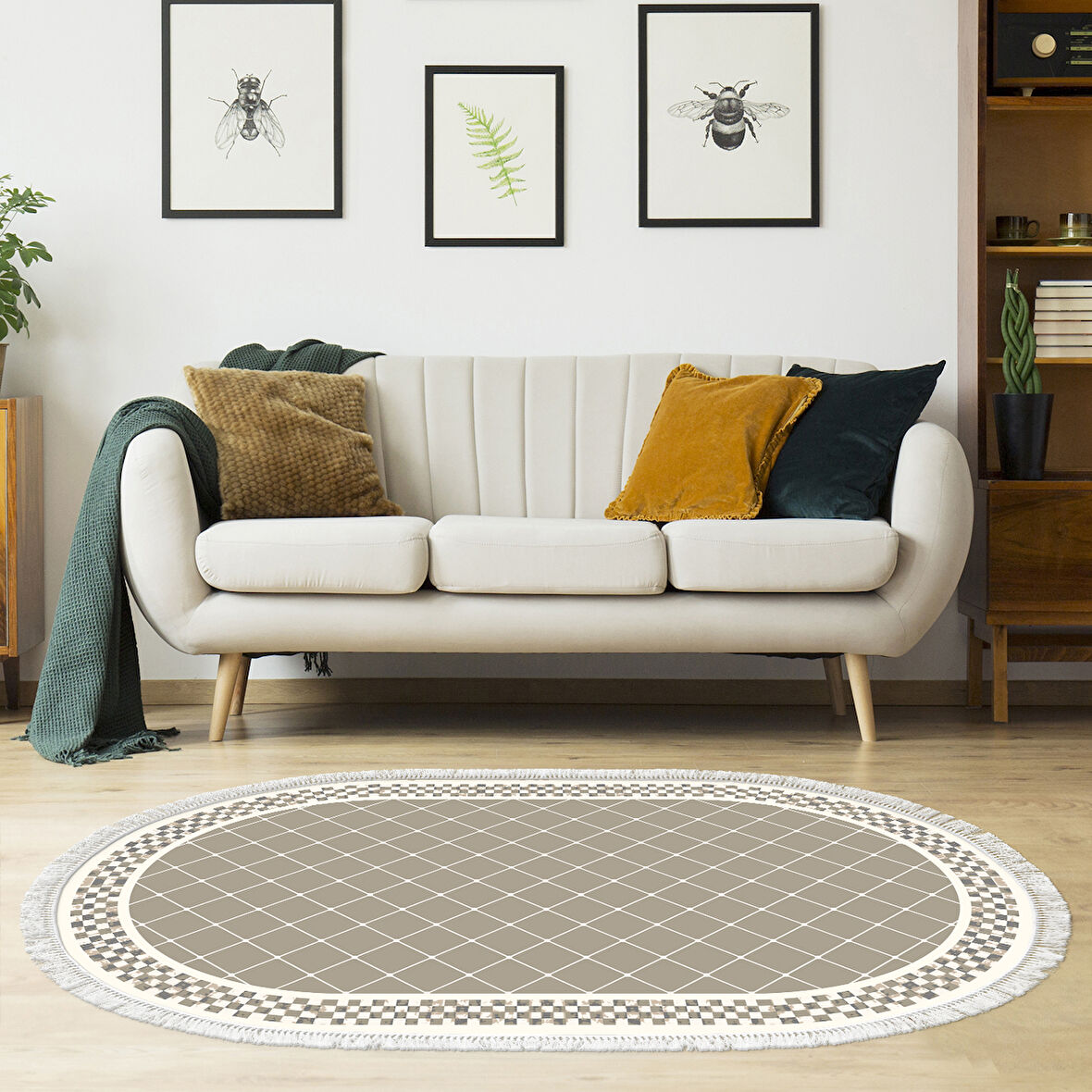 Alanur Trend Kaymaz Dod Tabanlı Saçaklı Dijital Halı Oval
