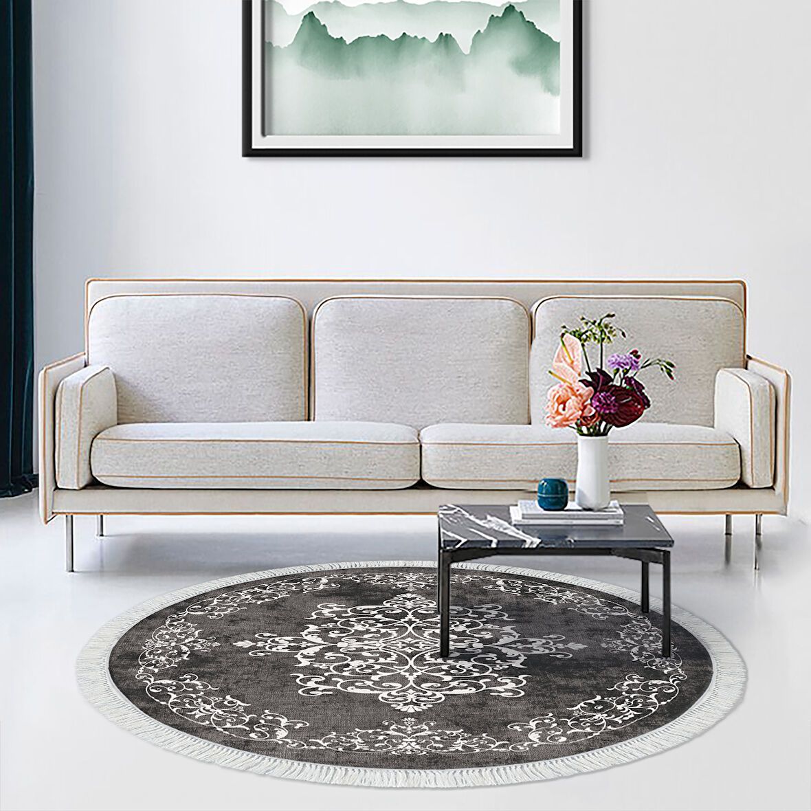 Alanur Yıldız Kaymaz Deri Tabanlı Saçaklı Dijital Halı Yuvarlak