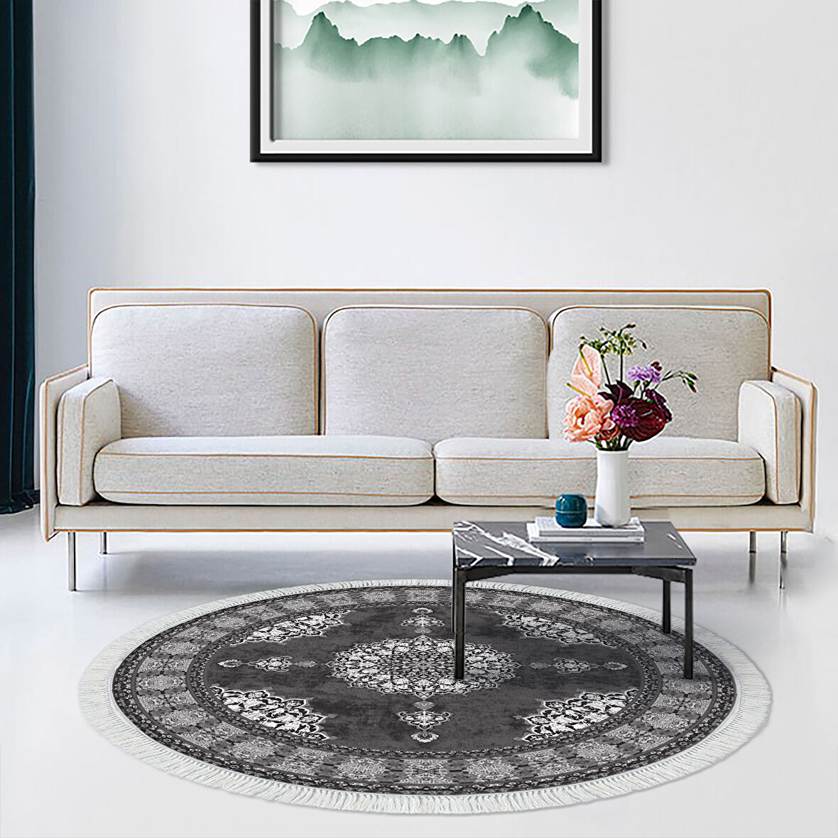 Alanur Star Kaymaz Pamuk Tabanlı Saçaklı Dijital Halı Yuvarlak