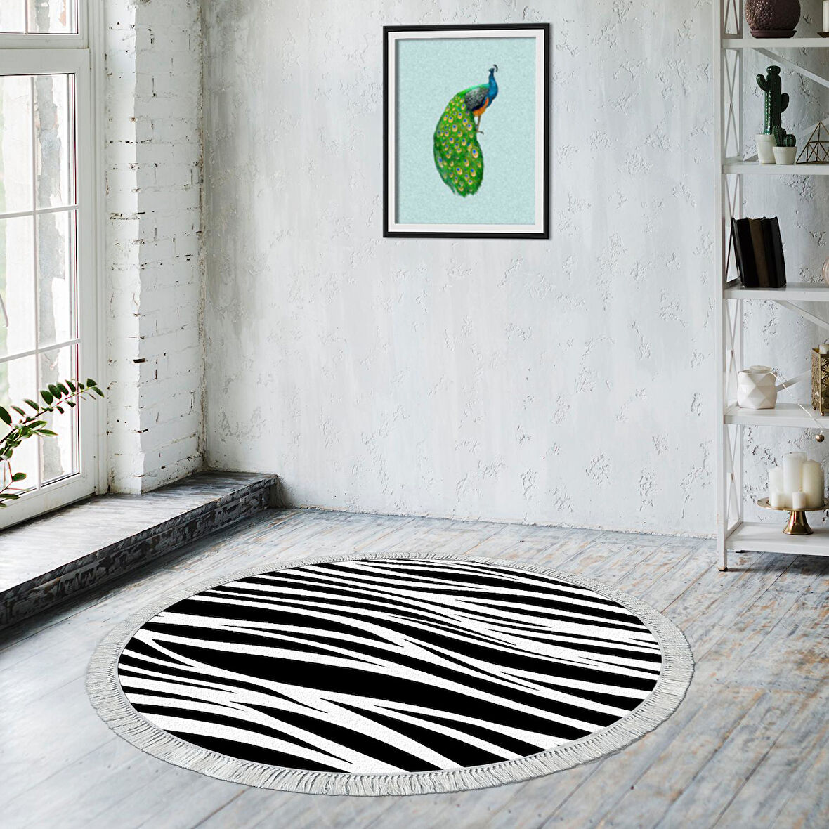 Alanur Yıldız Kaymaz Deri Tabanlı Saçaklı Dijital Halı Yuvarlak