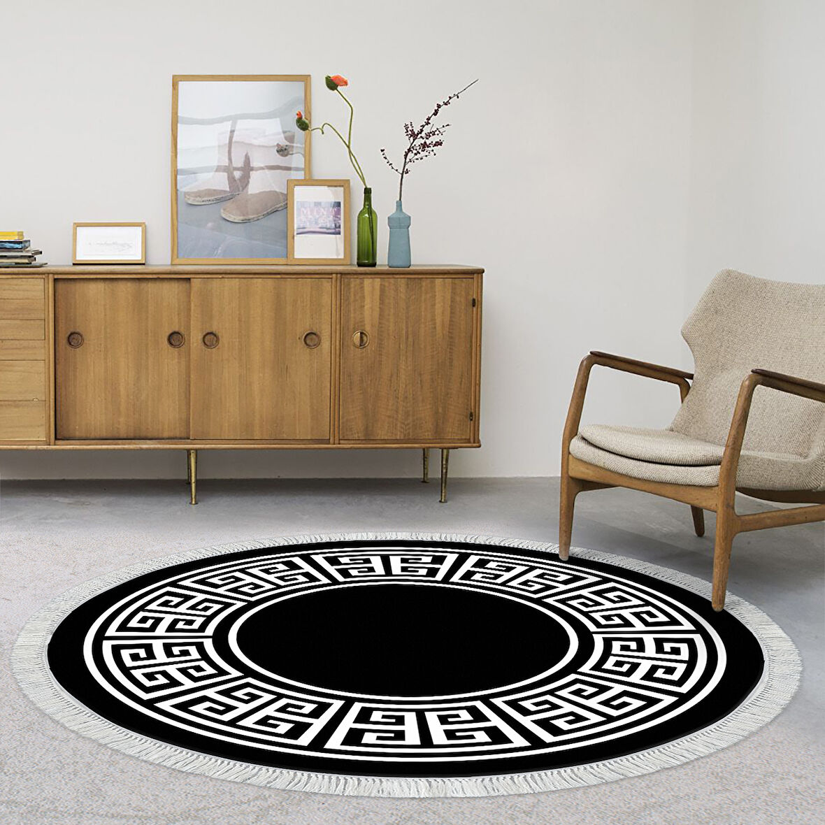 Alanur Star Kaymaz Pamuk Tabanlı Saçaklı Dijital Halı Yuvarlak