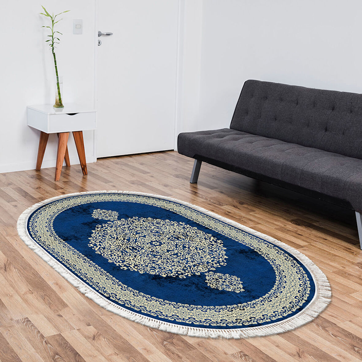 Alanur Star Kaymaz Pamuk Tabanlı Saçaklı Dijital Halı Oval