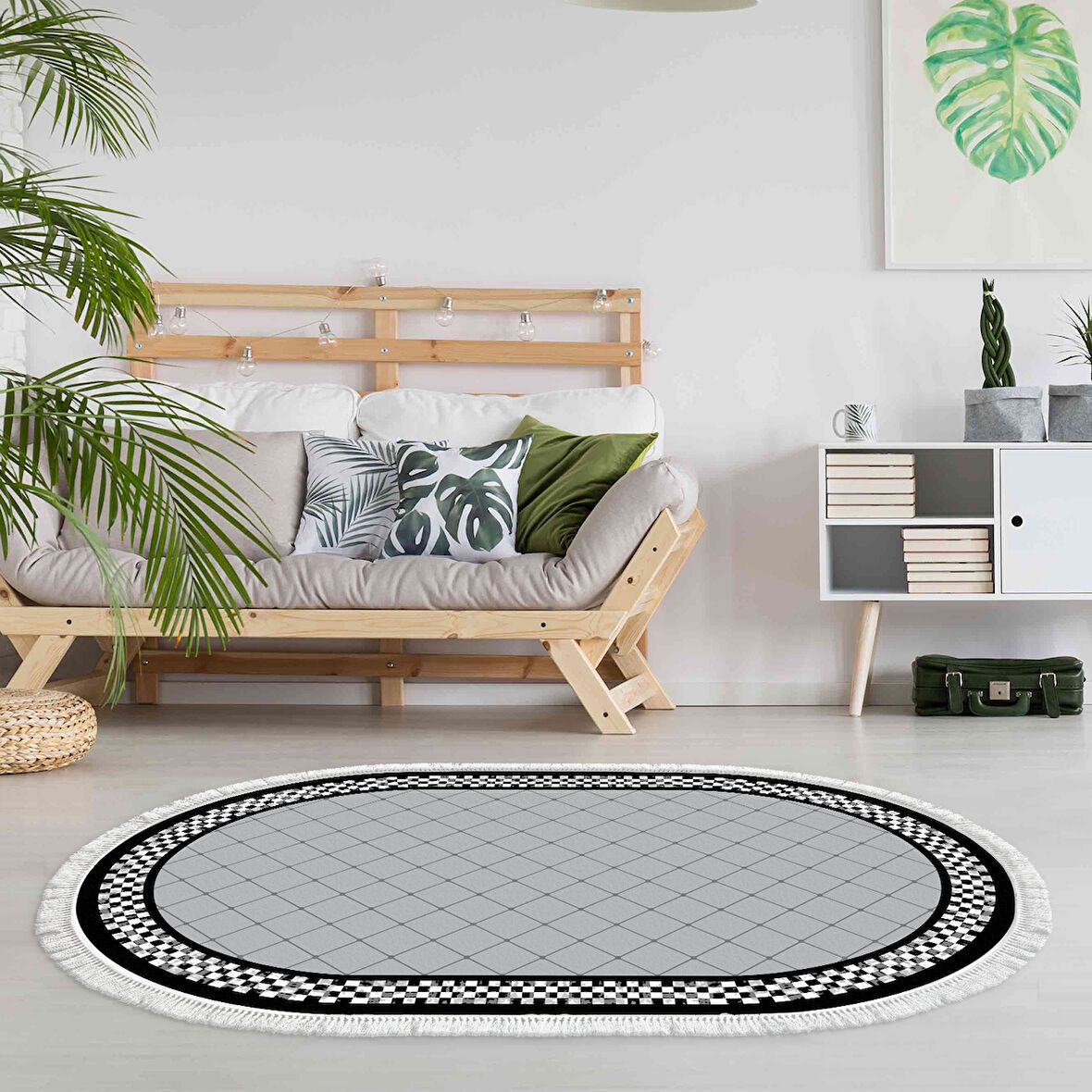 Alanur Trend Kaymaz Dod Tabanlı Saçaklı Dijital Halı Oval