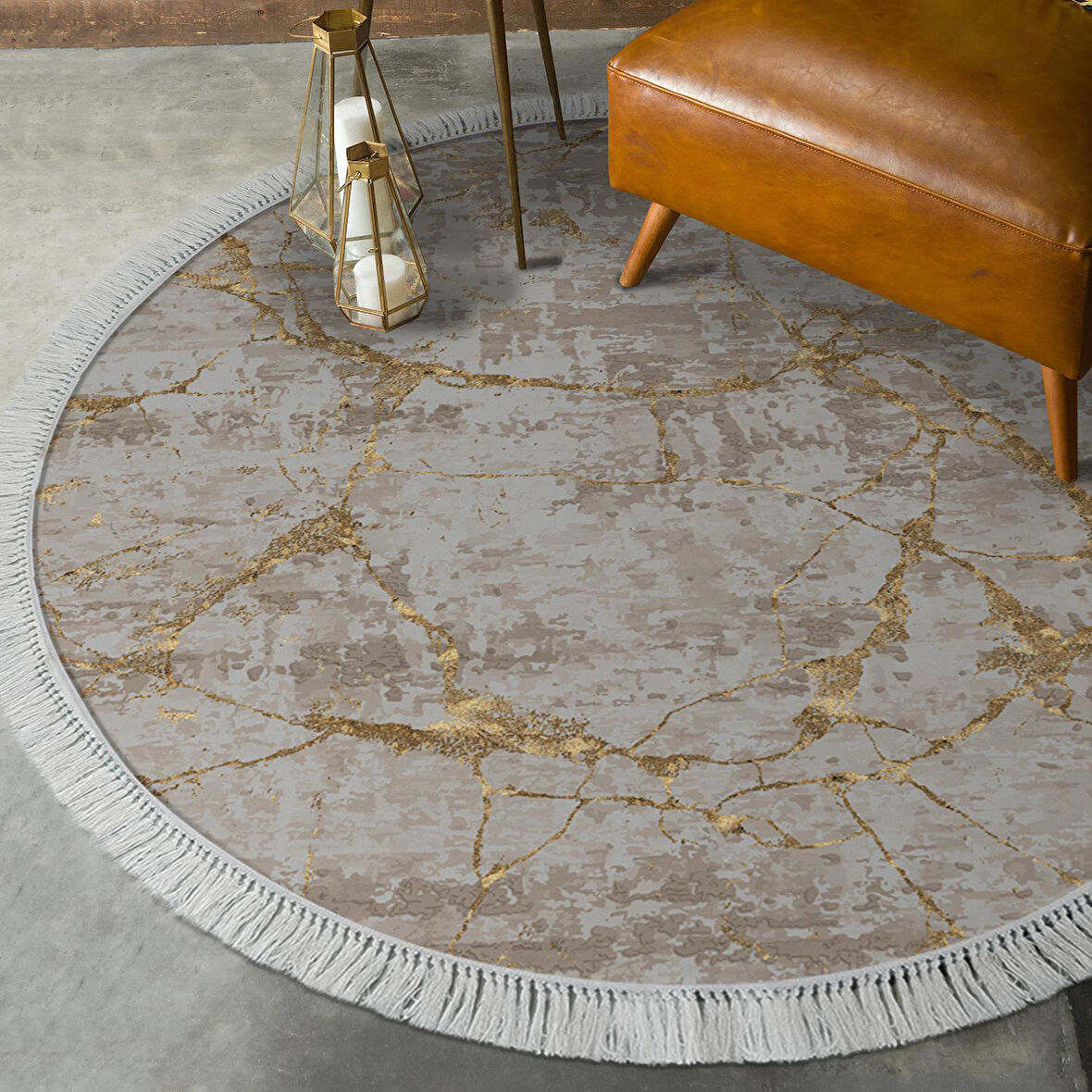 Alanur Star Pamuk Tabanlı Saçaklı Dijital Halı Yuvarlak