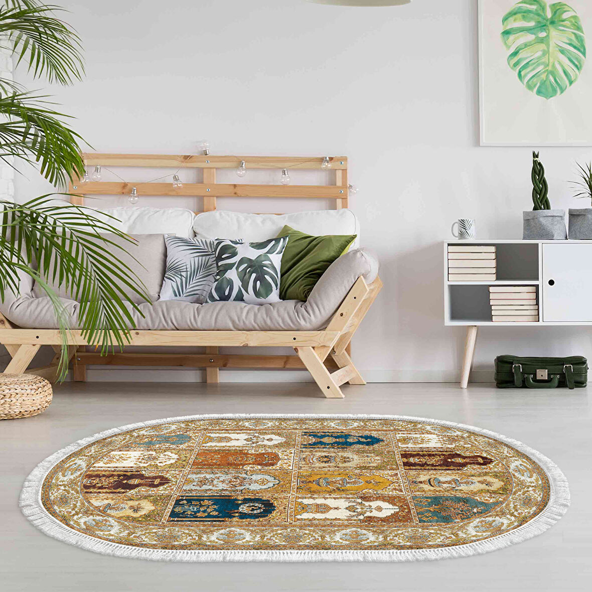 Alanur Star Kaymaz Pamuk Tabanlı Saçaklı Dijital Halı Oval Multi