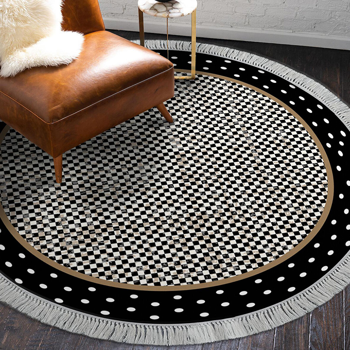 Alanur Trend Kaymaz Dod Tabanlı Saçaklı Dijital Halı Yuvarlak