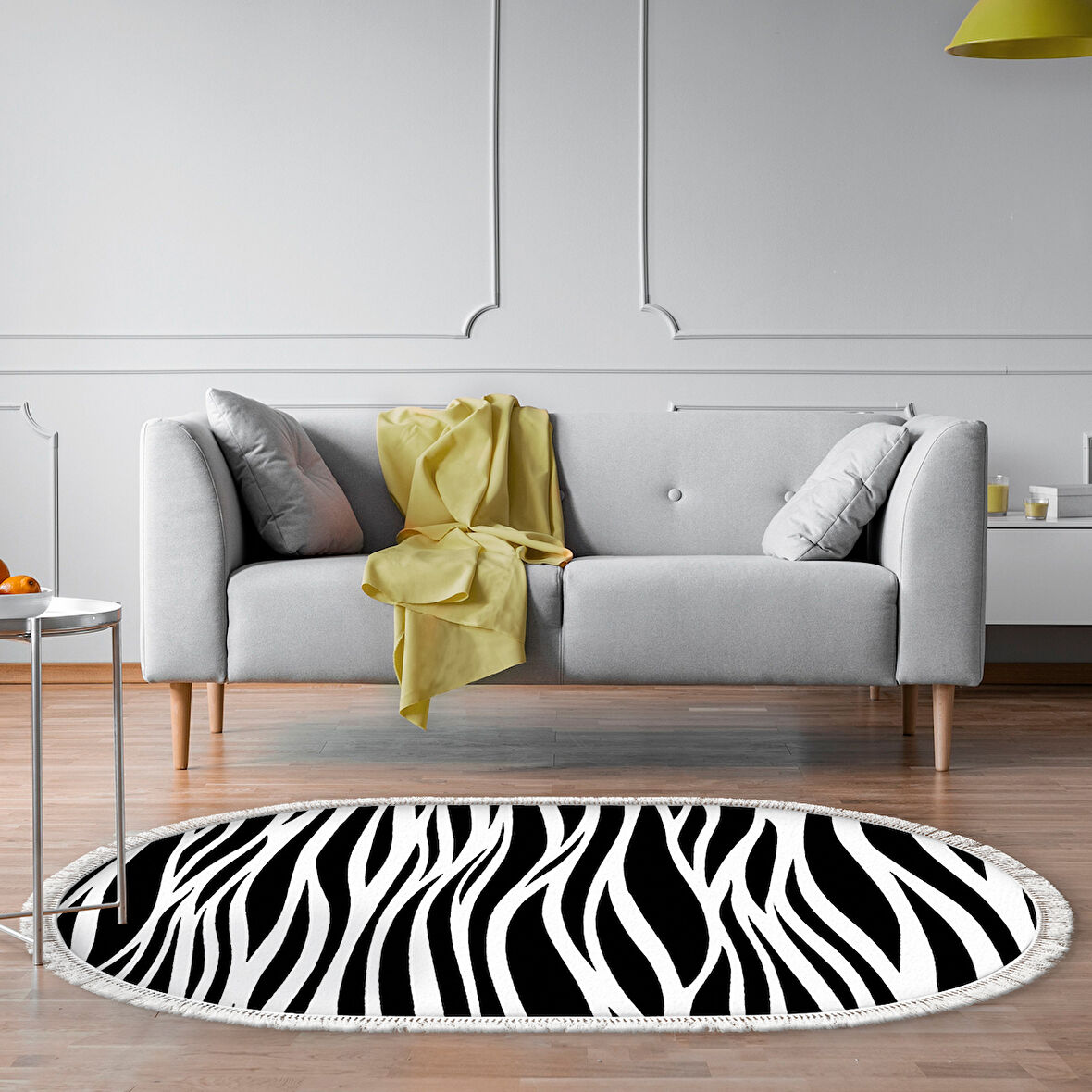 Alanur Yıldız Kaymaz Deri Tabanlı Saçaklı Dijital Halı Oval