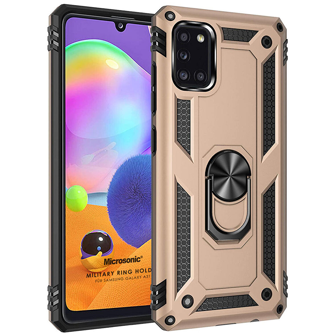 Microsonic Samsung Galaxy A31 Kılıf Military Ring Holder Gold