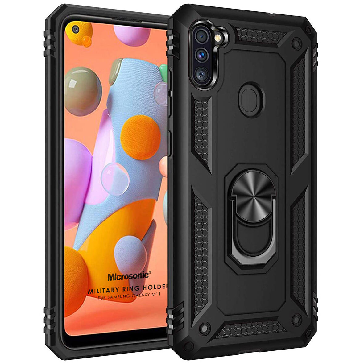Microsonic Samsung Galaxy M11 Kılıf Military Ring Holder Siyah