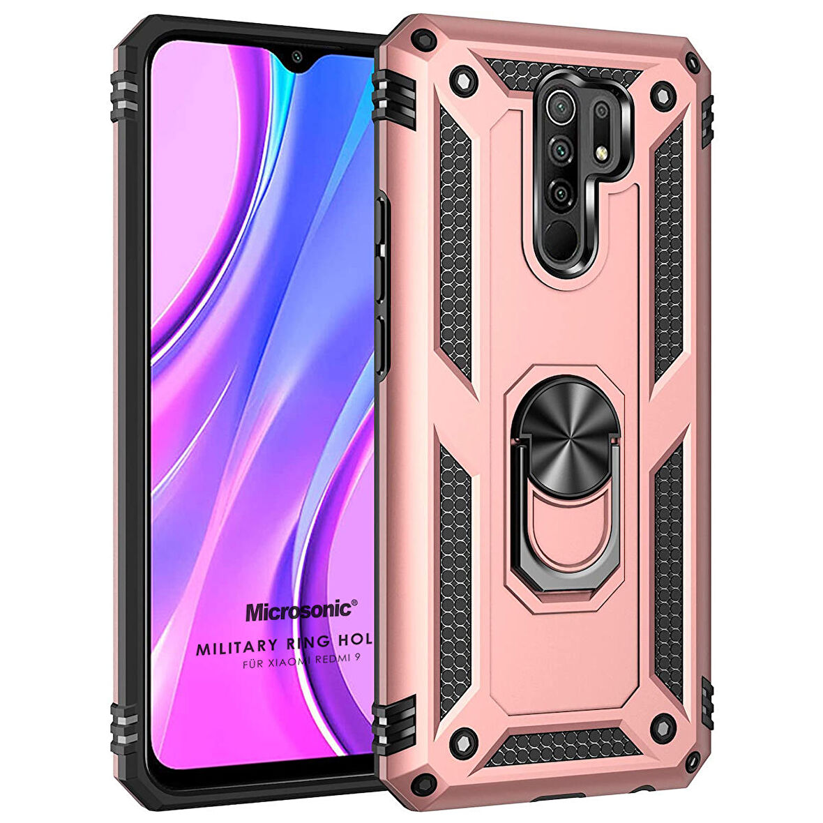Microsonic Xiaomi Redmi 9 Kılıf Military Ring Holder Rose Gold