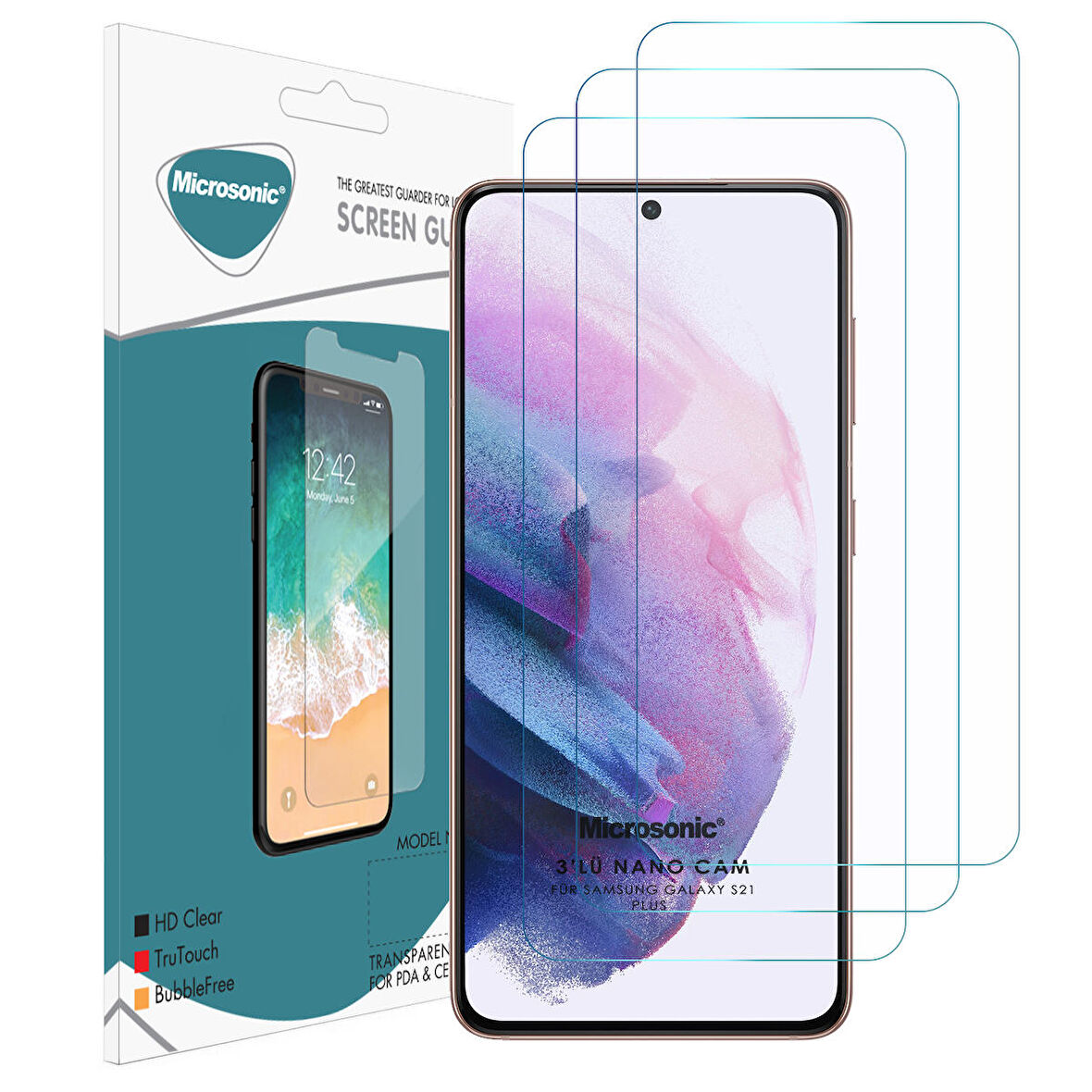 Microsonic Samsung Galaxy S21 Plus Screen Protector Nano Glass Cam Ekran Koruyucu (3 Pack)