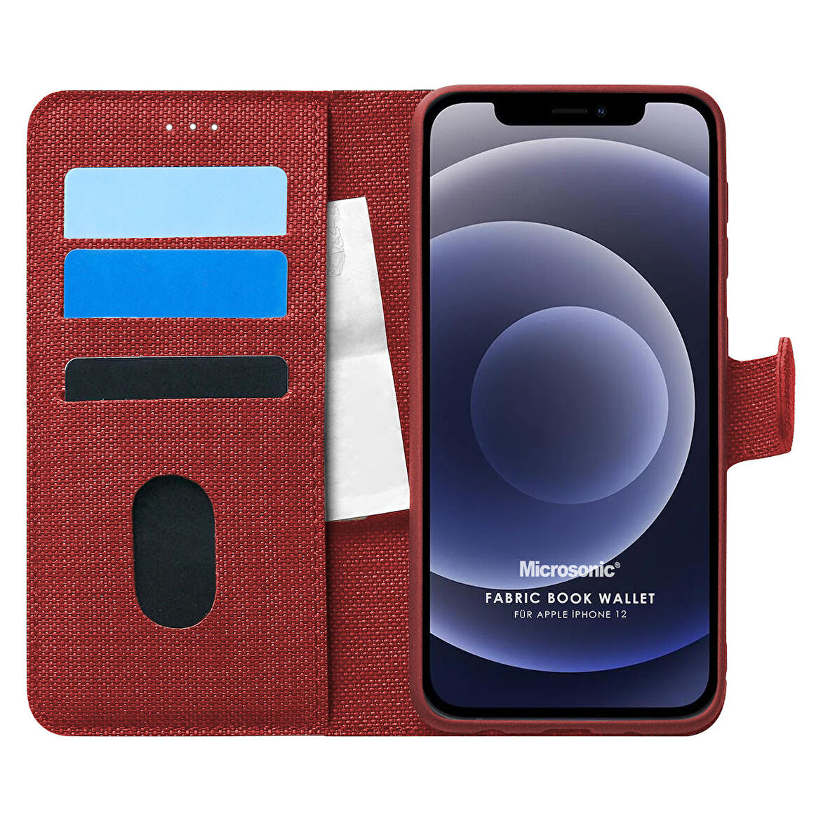 Microsonic Apple iPhone 12 Kılıf Fabric Book Wallet Kırmızı