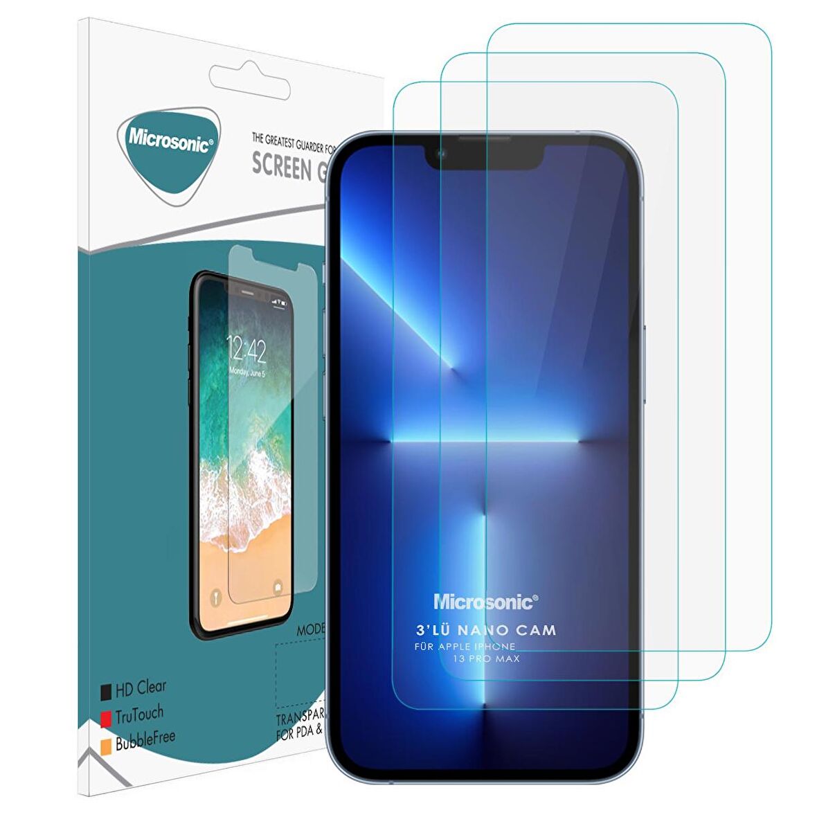 Microsonic Apple Uyumlu iPhone 13 Pro Max Screen Protector Nano Glass Cam Ekran Koruyucu (3'lü Paket)