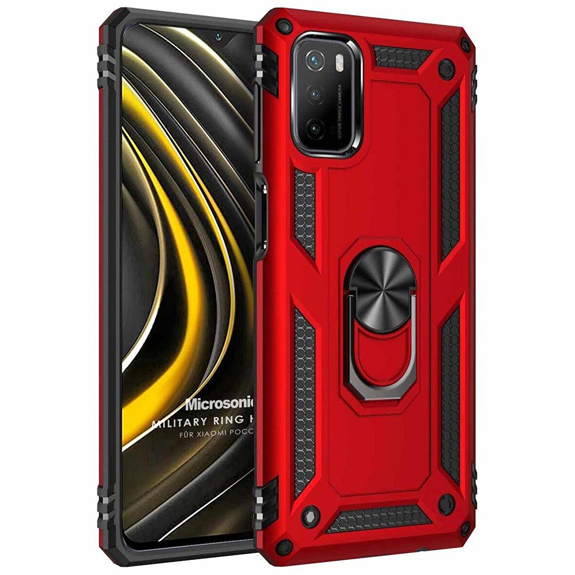 Microsonic Xiaomi Poco M3 Kılıf Military Ring Holder Kırmızı