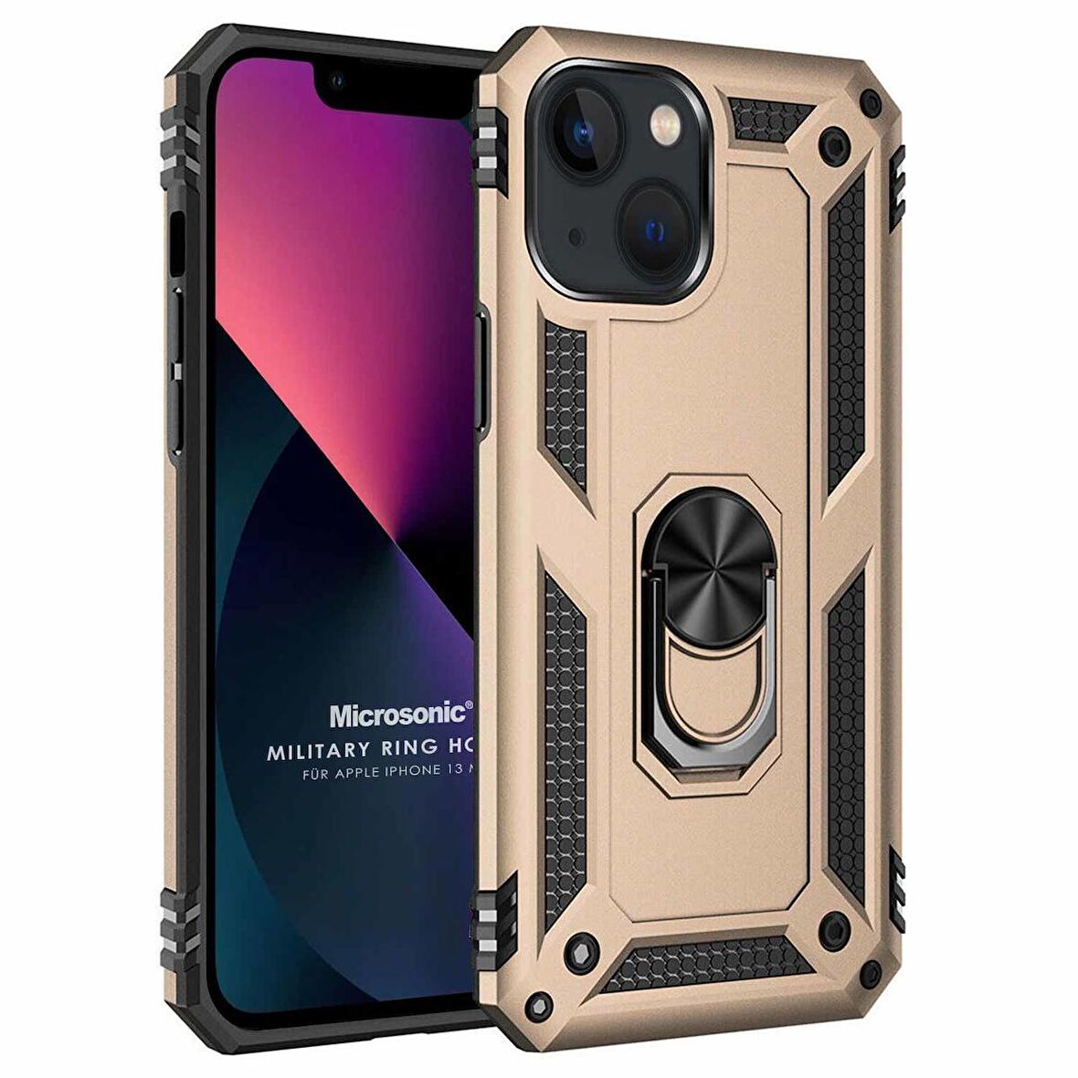Microsonic Apple iPhone 13 Kılıf Military Ring Holder Gold