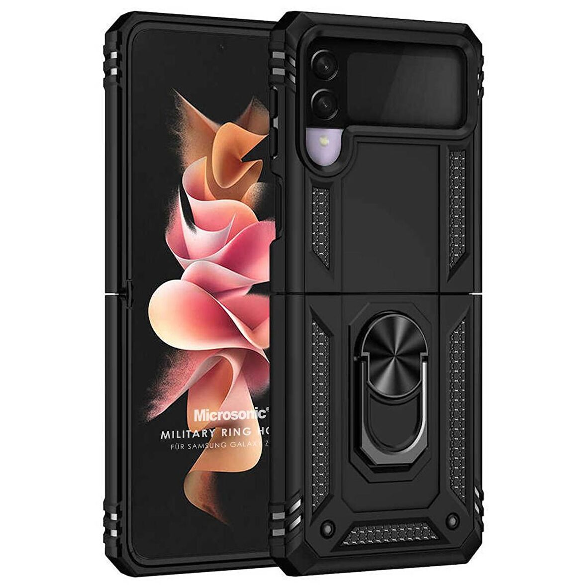 Microsonic Samsung Galaxy Z Flip 3 Kılıf Military Ring Holder Siyah