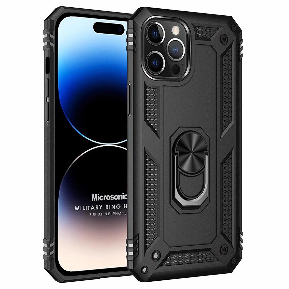Microsonic Apple iPhone 14 Pro Kılıf Military Ring Holder Siyah