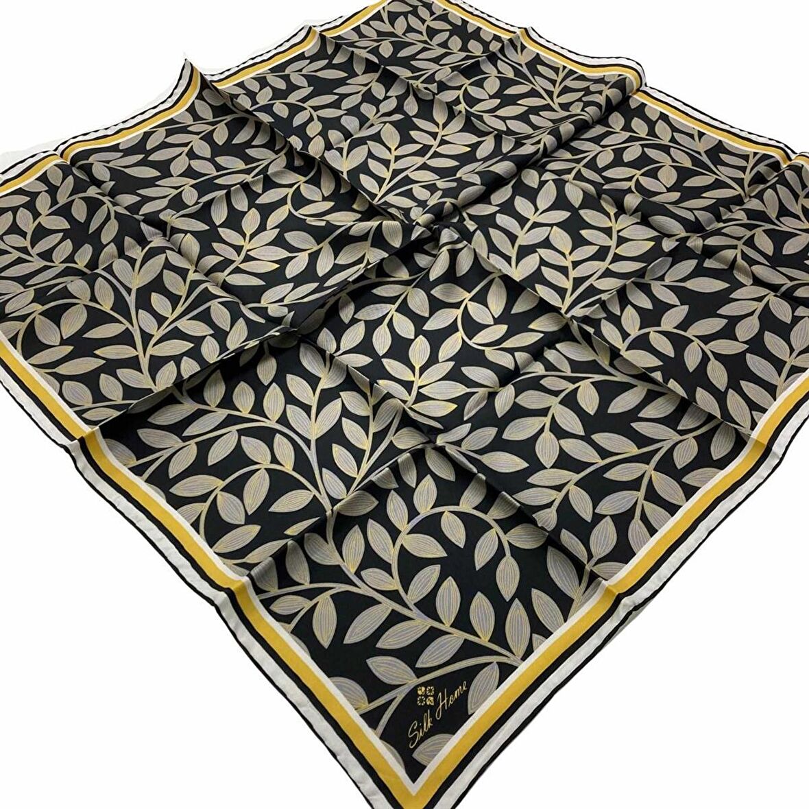 Silk Home Siyah Yaprak Desenli Tivil İpek Eşarp 11397-45