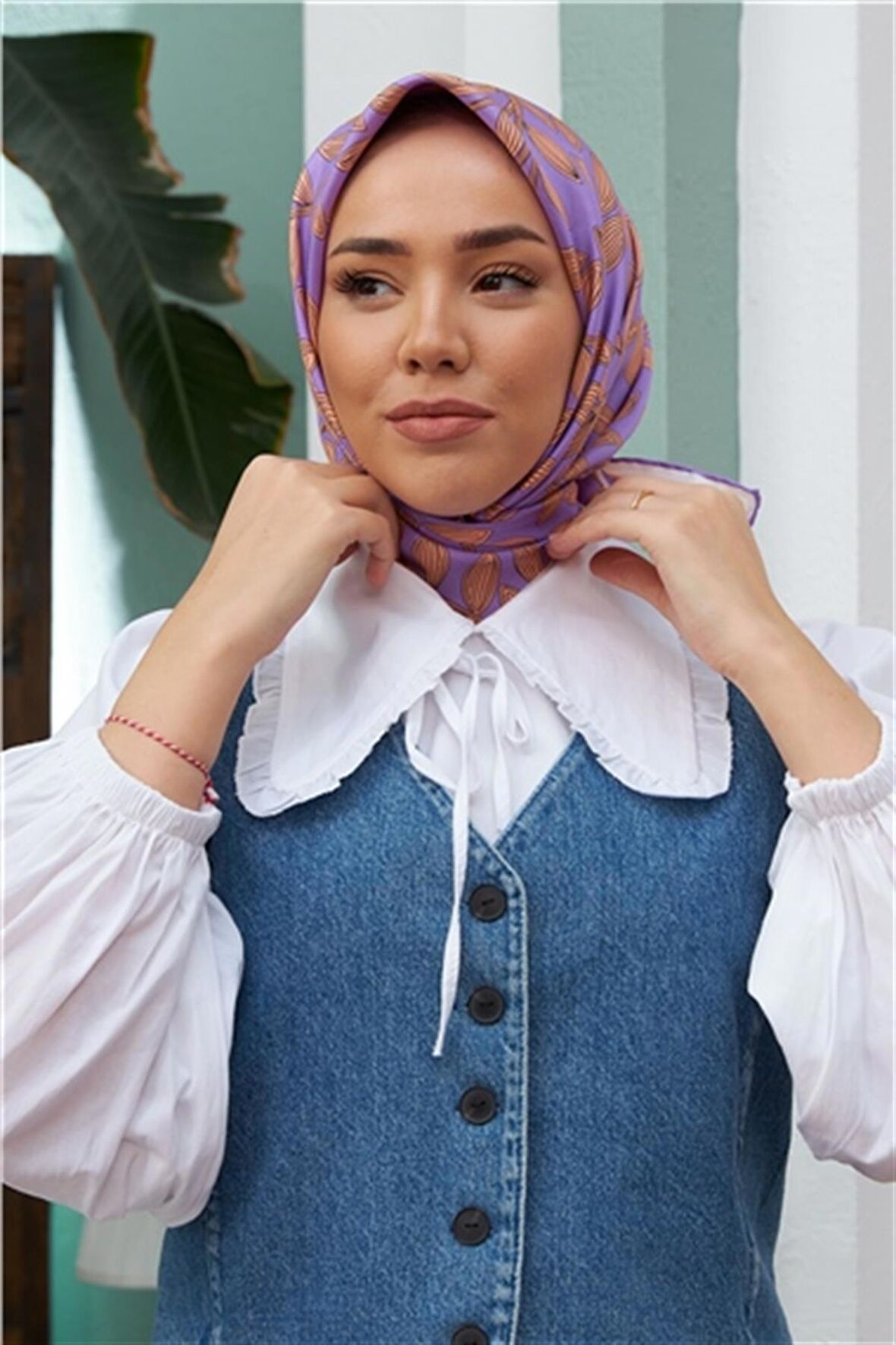 Silk Home Lila Yaprak Desenli Sura İpek Eşarp 11397-18
