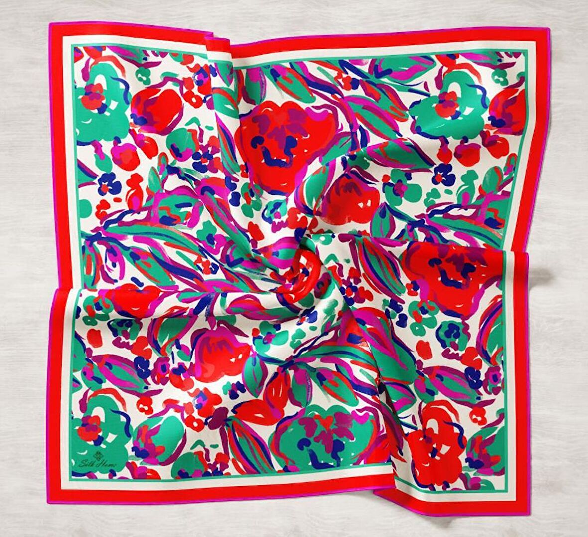 Silk Home Mor-Anestezi Yeşili Desenli Tivil İpek Eşarp 11405-04