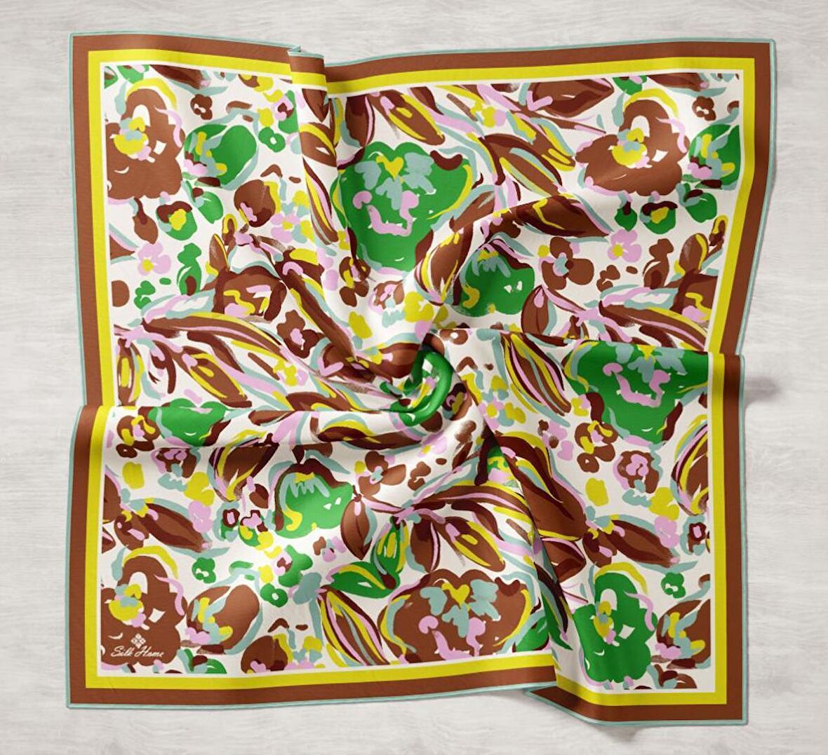 Silk Home Kahve-Sarı Desenli Tivil İpek Eşarp 11405-16