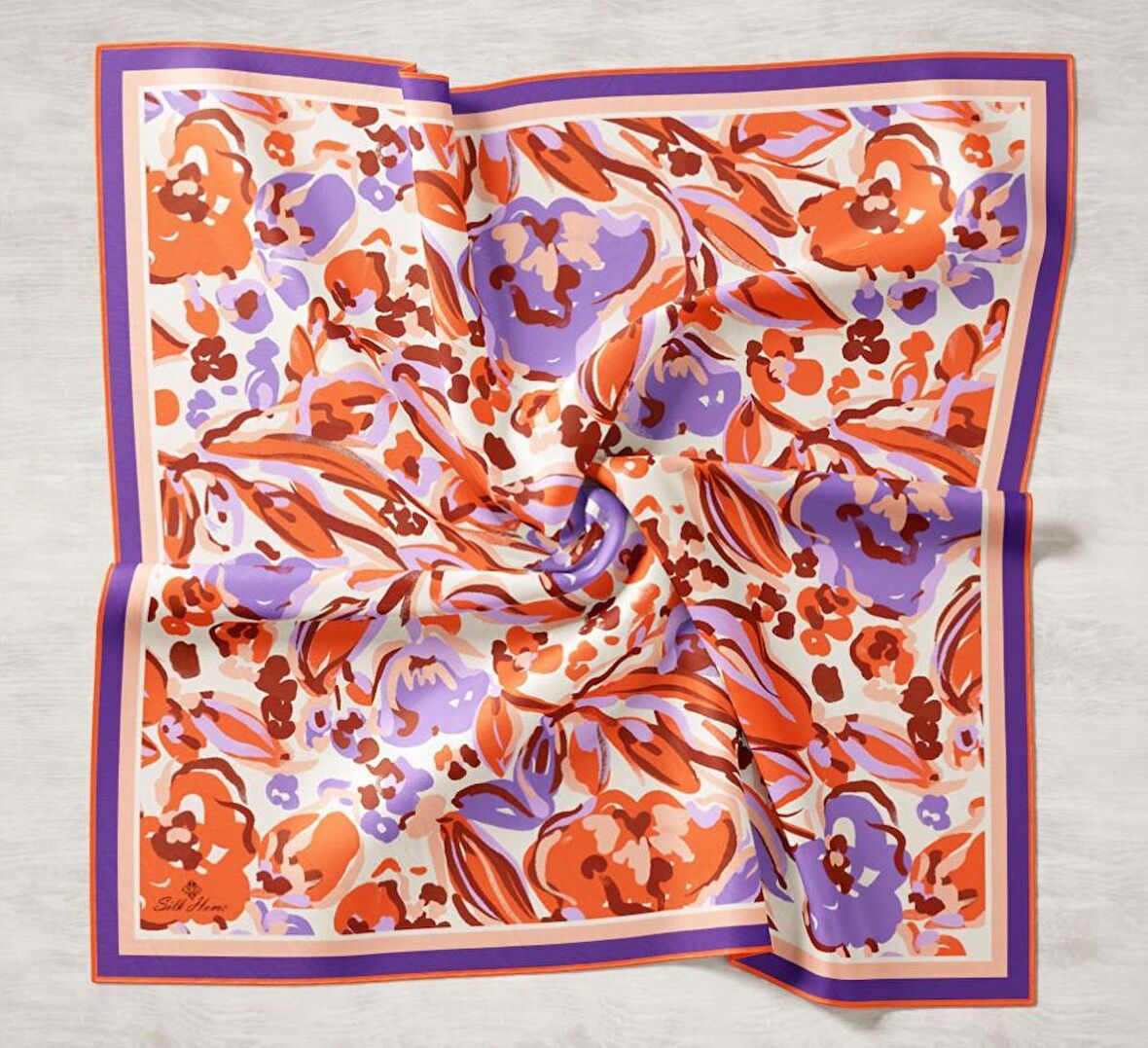 Silk Home Turuncu-Mor Desenli Tivil İpek Eşarp 11405-18