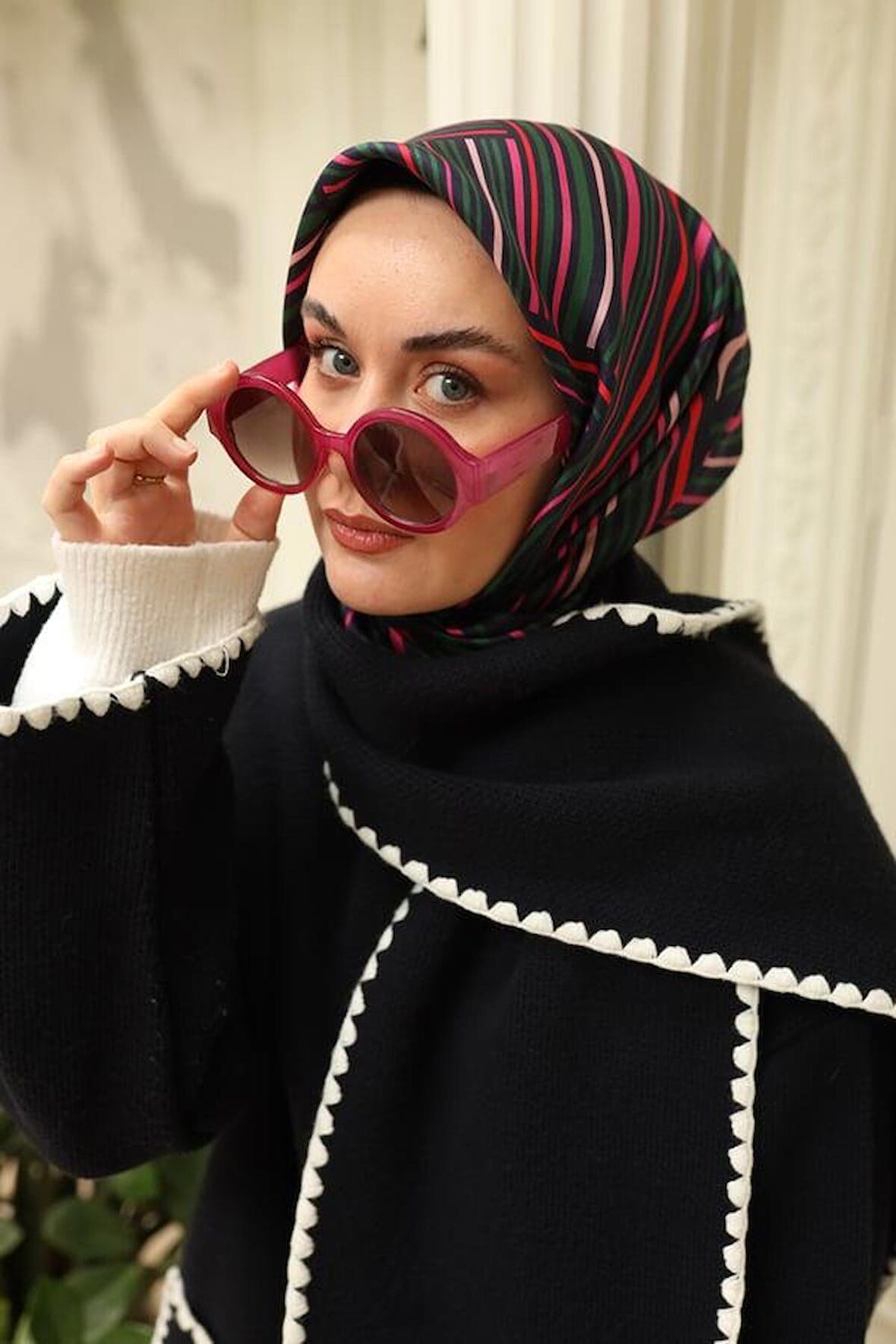Silk Home Lacivert-Şeker Pembe Geometrik Desenli Tivil İpek Eşarp 11417-08