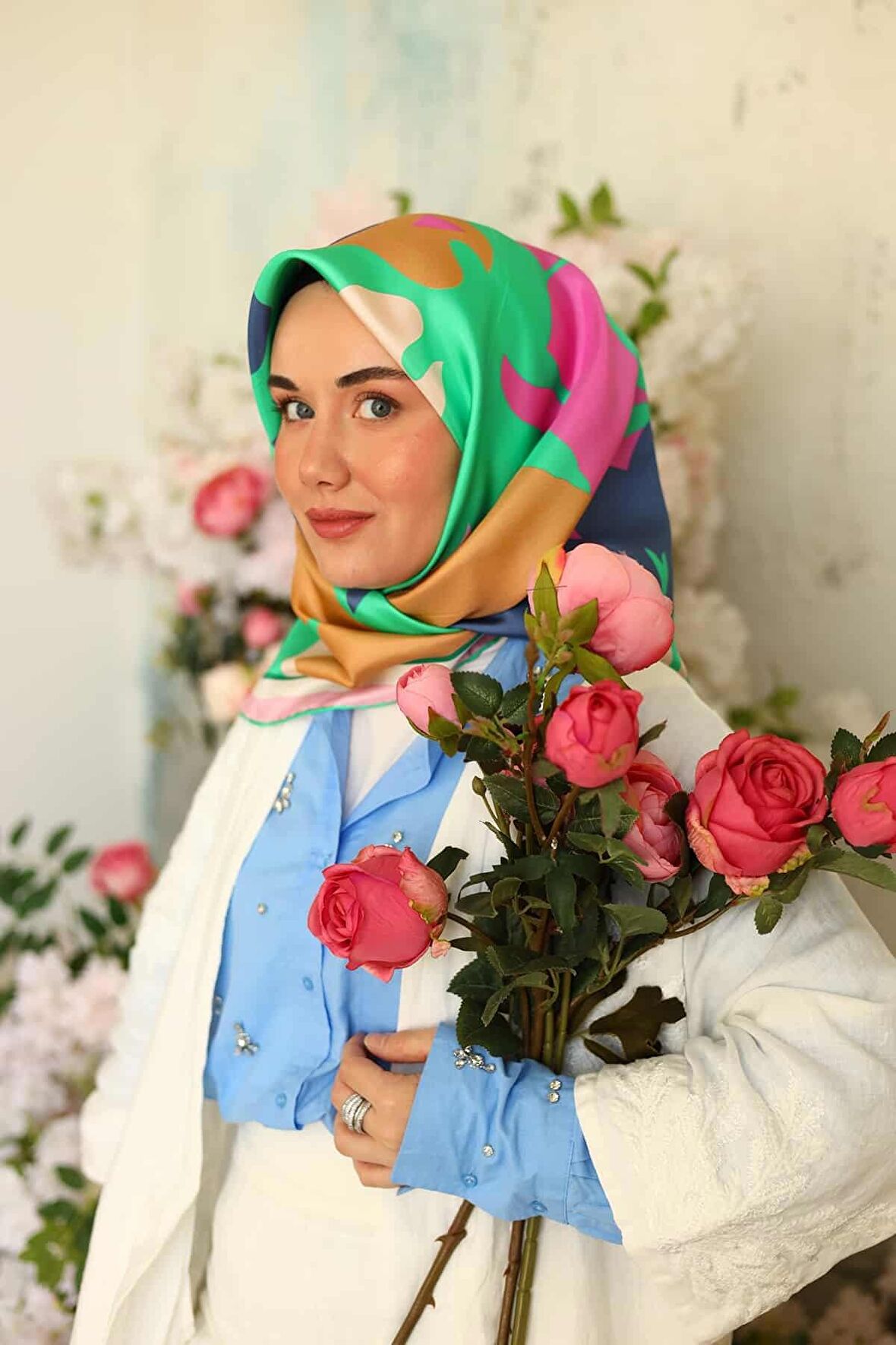 Silk Home Yeşil Pembe Karma Desen Tivil İpek Eşarp 11425-03